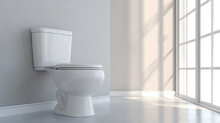 Simple and clean domestic bathroom with a white toilet bowl, neutral-colored walls, and modern fittingsの素材