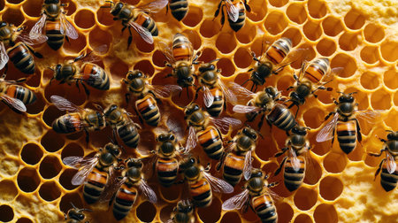 Swarm of bees moving across honey-filled honeycomb inside the hive, creating a vibrant and dynamic sceneの素材