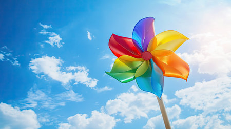 Rainbow pinwheel spinning in the afternoon breeze with a vivid blue sky, conveying a fresh and cheerful atmosphereの素材