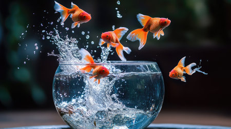 Vibrant orange goldfish jumping out of a round glass bowl with splashing water, capturing motion and energyの素材
