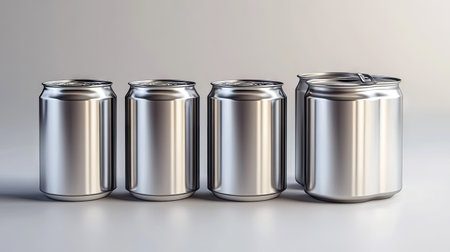 Silver metal cans isolated on white with dramatic lighting highlighting textures and curvesの素材