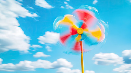 Vibrant pinwheel captured in motion with a dreamy blue sky and soft clouds in the background, evoking childhood nostalgiaの素材