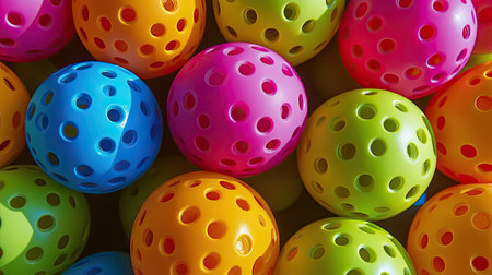 Top view of multi-colored pickleball balls forming a pattern, perfect for a fitness or sports conceptの素材