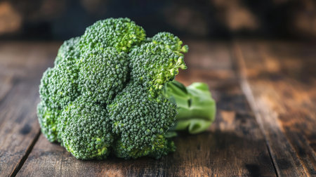 Whole head of fresh organic broccoli resting on a wooden table, detailed surface texture in focusの素材