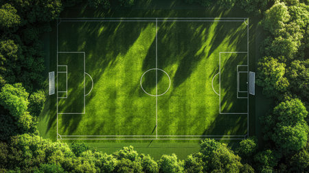 Top-down view of a realistic soccer field model, showing player positions and field markings clearlyの素材