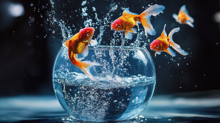 Vibrant orange goldfish jumping out of a round glass bowl with splashing water, capturing motion and energyの素材