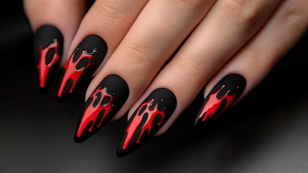 Woman's hands with glossy Halloween gel nail art, featuring dripping red polish effect over a matte black baseの素材