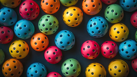 Top view of multi-colored pickleball balls forming a pattern, perfect for a fitness or sports conceptの素材