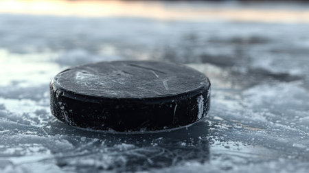 Worn hockey puck on icy surface with scratches and marks, showing the intensity of the gameの素材