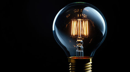 LED bulb with visible filaments shining brightly on black background, creating a dramatic and futuristic lighting effectの素材