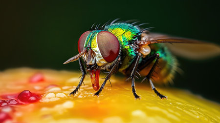 Macro photography of a green bottle fly feeding on ripe fruit, showcasing natural behavior and sharp detail of body partsの素材