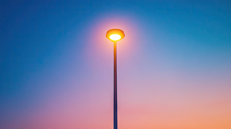 Low-angle shot of a tall modern street light shining bright against a gradient sunset-to-night skyの素材