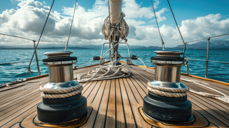 Modern sailboat deck with twin winches and thick ropes, calm turquoise waters in the distanceの素材