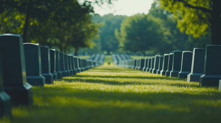 Rows of identical blank headstones in a military memorial cemetery, creating a solemn and respectful sceneの素材