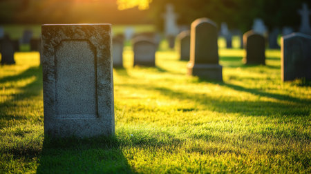 Row of blank marble headstones standing in a quiet cemetery, soft sunlight casting long shadows on the grassの素材