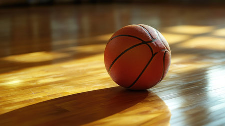 Single basketball resting on polished wooden gym floor, light reflecting on surface, symbolizing sports, practice, and competitionの素材