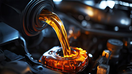 Stream of amber motor oil flowing from a black plastic canister into an engine fill port, with soft focus on surrounding mechanical componentsの素材