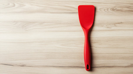 Single red kitchen spatula with heat-resistant silicone head placed on a light wooden surface backgroundの素材