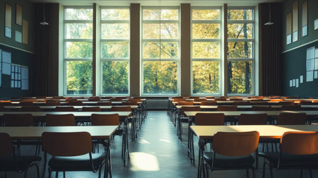 Spacious university classroom with rows of empty desks and chairs, bright daylight entering through large windows, symbolizing education and learning spaceの素材