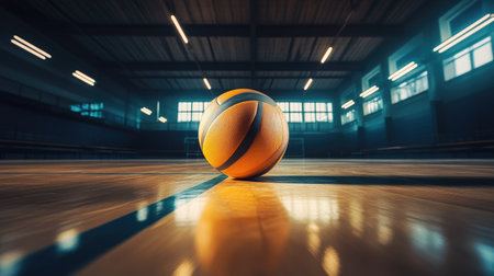 Volleyball placed at center of indoor gym floor, surrounded by faint reflections and bright court lighting, ready for game actionの素材