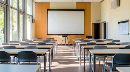 University seminar room with arranged chairs and tables, digital whiteboard in front, no students present, ready for a lectureの素材