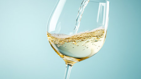 White wine pouring smoothly, highlights glistening on glass, pastel blue background for a fresh vibeの素材
