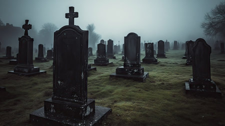 Symmetrical view of multiple blank gravestones stretching into the distance, early morning mist risingの素材