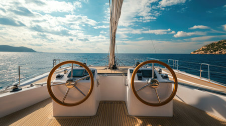 Twin modern boat steering wheels on a luxury catamaran deck, polished wood accents and ocean breeze atmosphereの素材