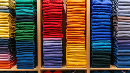 Vibrant t-shirts folded and stacked neatly on store shelves, arranged by color gradient, creating a bright and organized retail displayの素材