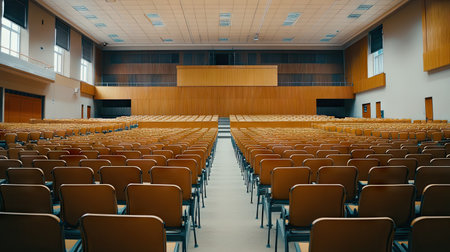 Wide-angle view of empty lecture hall with clean rows of seats and central aisle, symbolizing higher education and learning environmentの素材