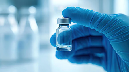 Vaccine vial held between thumb and fingers of blue medical gloves, clean white laboratory backdropの素材