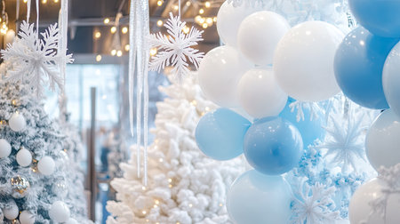 An enchanting winter party display with white and icy blue balloons, accented with snowflake patterns and faux iciclesの素材