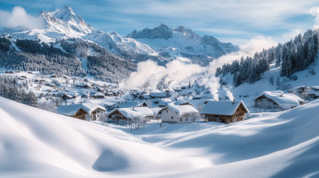 An alpine village surrounded by sparkling snow drifts, with chimneys puffing smoke and distant peaks glowing in the early morning lightの素材