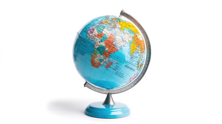 Colorful earth globe with clear country labels, standing upright on a white background for geography themesの素材