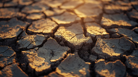 Close-up of cracked clay ground with warm tones, illustrating severe dehydration of soilの素材