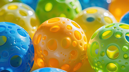 Bright yellow, blue, green, and orange pickleball balls placed closely together, isolated against a clean backdropの素材