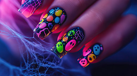 Close-up of a Halloween gel manicure with colorful candy designs, spiderwebs, and glowing ghost patterns on a dark backdropの素材