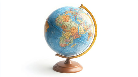 Colorful earth globe with clear country labels, standing upright on a white background for geography themesの素材
