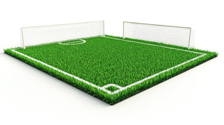 Detailed model of a soccer field with green turf, white boundary lines, and miniature goalposts isolated on white backgroundの素材