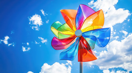Beautiful multicolored pinwheel spinning gently in the wind against a warm summer sky, perfect for a playful outdoor sceneの素材