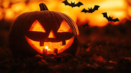 Close-up of a glowing carved pumpkin lantern, bats in silhouette against an orange twilight horizon, eerie yet festive ambianceの素材