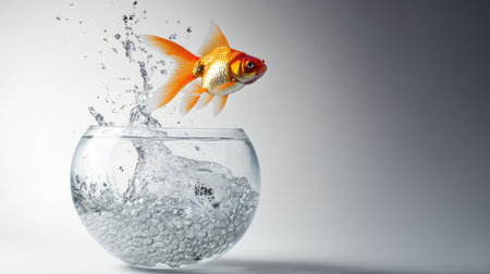 Creative shot of a goldfish leaping out of a round glass bowl, splashes frozen in time, on a white studio backdropの素材