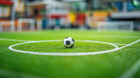 Close-up of a soccer field miniature model, focusing on the center circle and penalty area detailsの素材