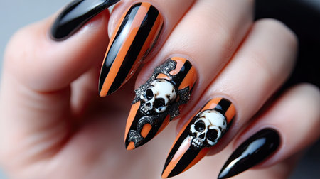 Beautiful hand with glossy gel nails in black and orange stripes, adorned with D skull and bat charms for Halloweenの素材