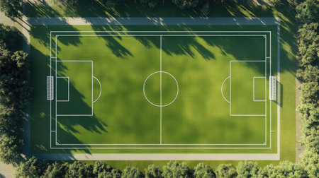 Top-down view of a realistic soccer field model, showing player positions and field markings clearlyの素材