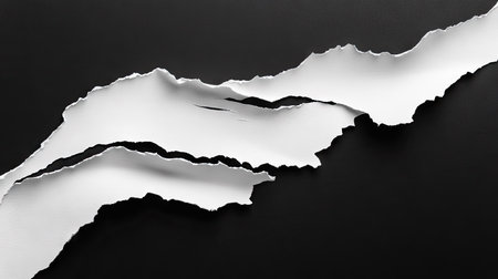 Curved torn paper edges with jagged lines, isolated on black background, emphasizing imperfections and organic shapesの素材