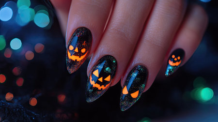 Woman's gel nail art with glowing jack-o'-lantern faces, witches' hats, and glitter, set against a Halloween-themed backgroundの素材