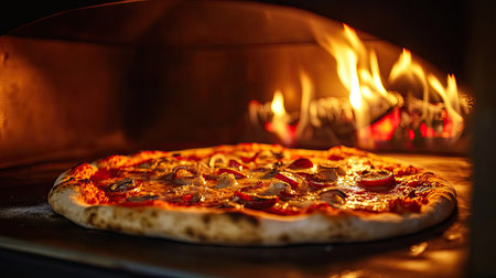 Electric pizza oven glowing warmly as a pizza cooks inside, crust crisping and toppings sizzling to perfectionの素材