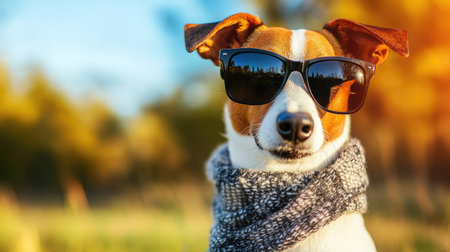 Dog with trendy black sunglasses and a stylish scarf, posing against a bright summer backdropの素材