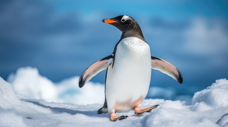 Side view of a penguin walking through snow, flippers slightly spread for balance, with blue sky backdropの素材
